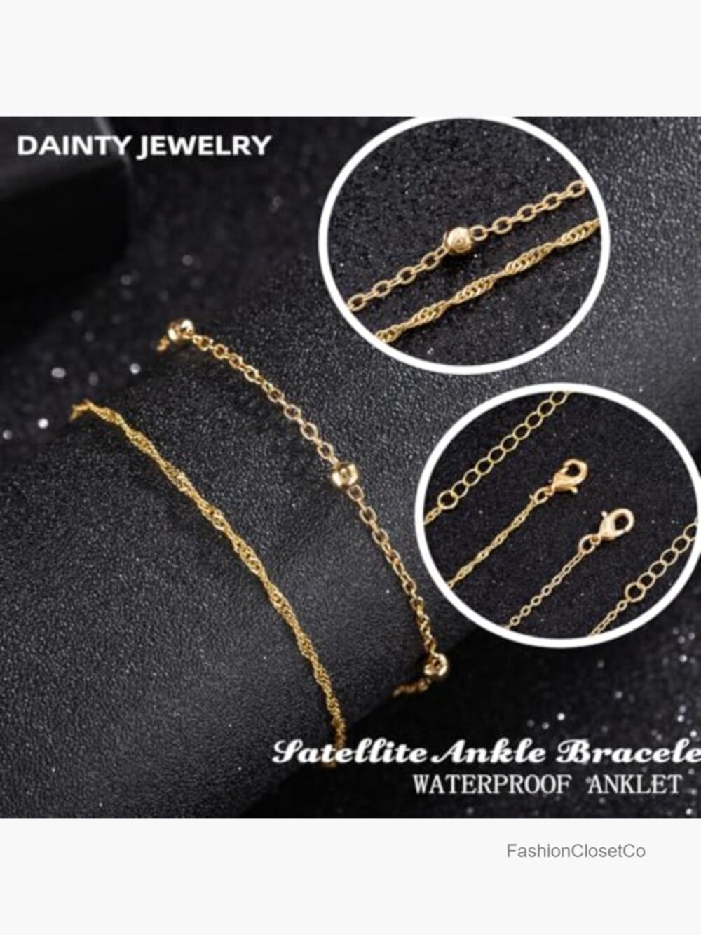 925 Sterling Silver 14K Gold Dainty Layered Anklets Set - Picture 4 of 7